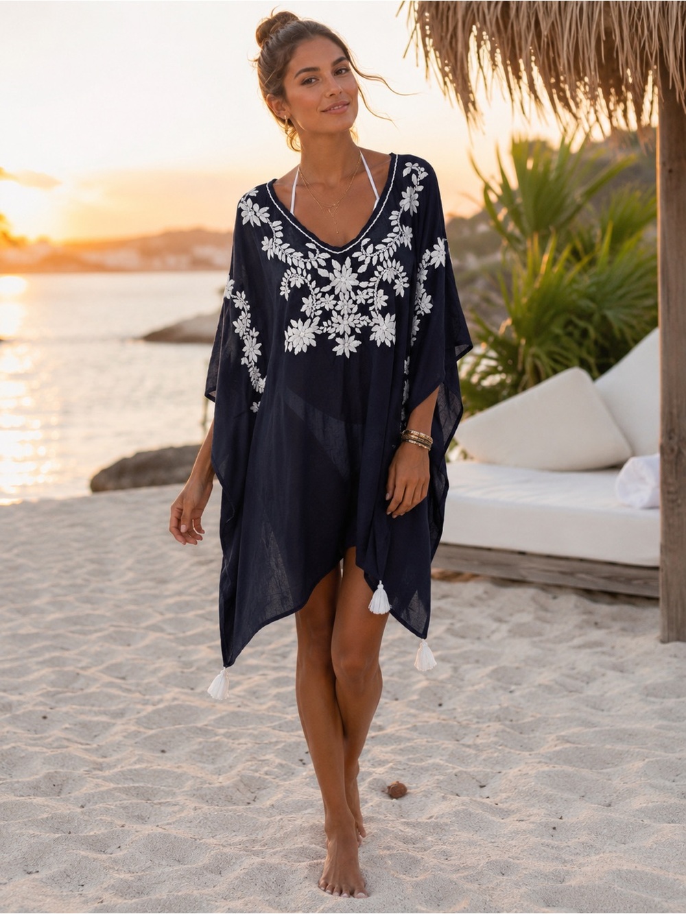 NWT Rhea Laurels Embroidered Short Kaftan Navy Blue White Floral Cotton OS A25